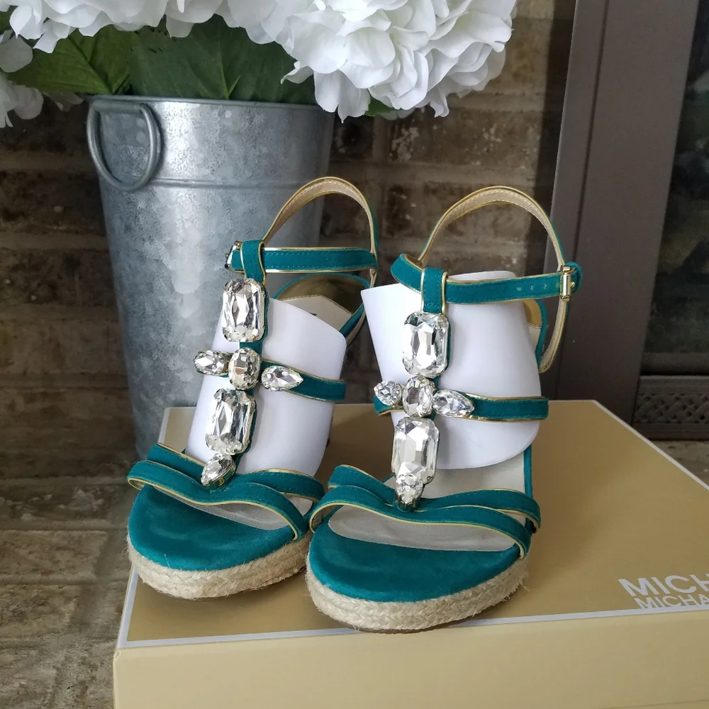 AUTHENTIC Michael Kors Aqua & Gold Suede Espadrille Wedge Sandals - size 7